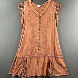 Raya Sun Brown/Orange Embroidered Button Front A-Line V-Neck Dress Cap Sleeve M